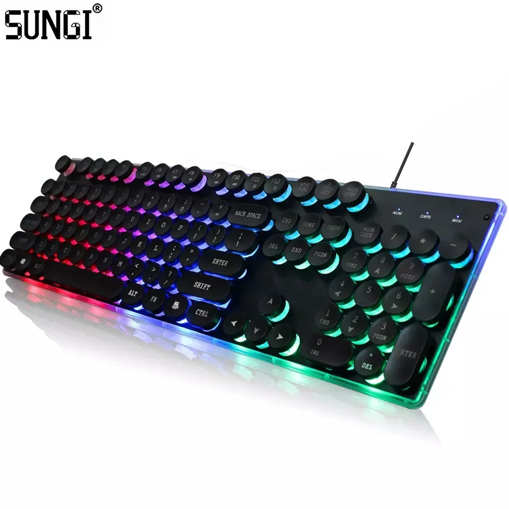 Factory Direct Supply OEM RGB Backlit Gaming Keyboard Round Keycaps USB Wired Game Keyboard with Rainbow LED Backlight