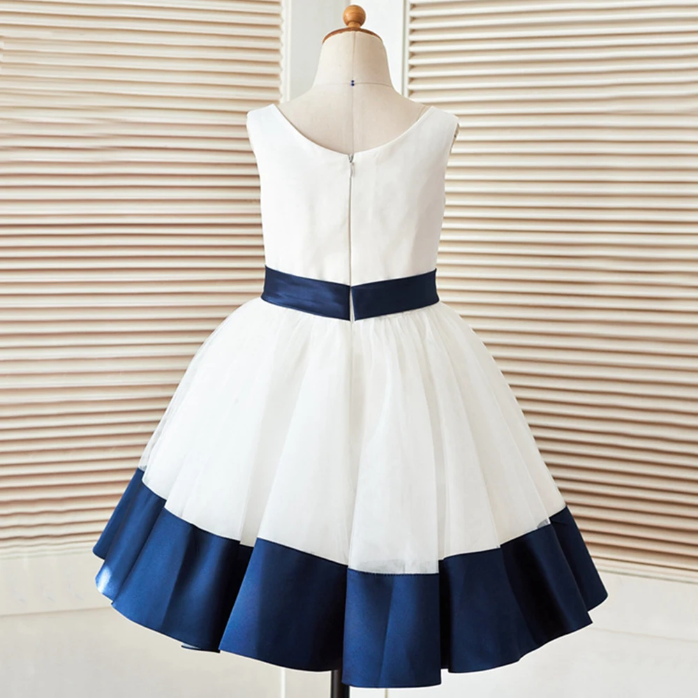 navy bow belt girls dresses white flower girl dresses