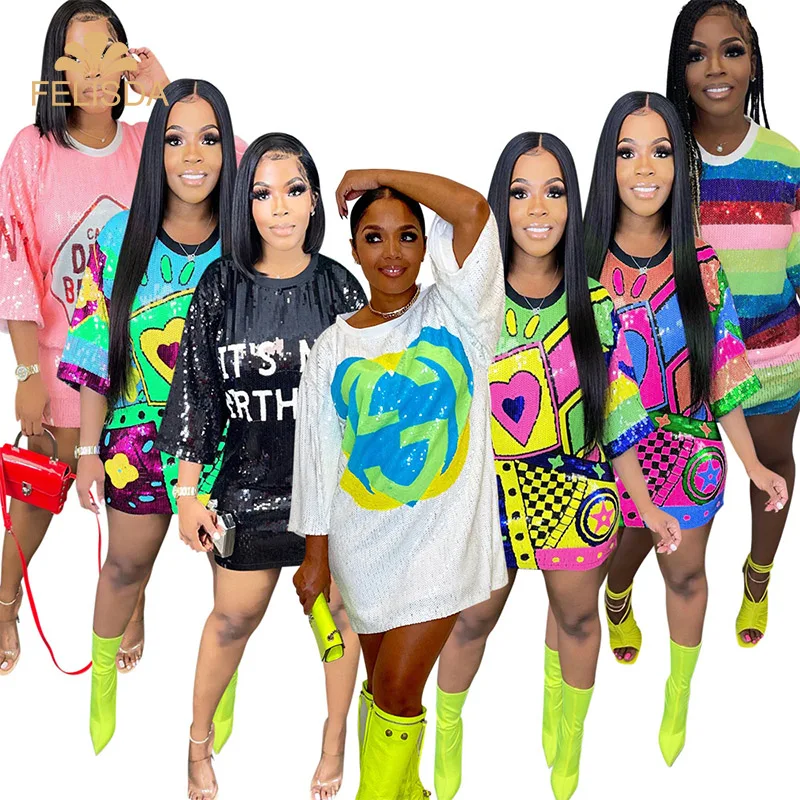 Spring Summer Letter Sequin T-shirt Mini Dress Woman Crew Neck Three Quarter Sleeve Club Dresses Sexy Club Party Casual Dress