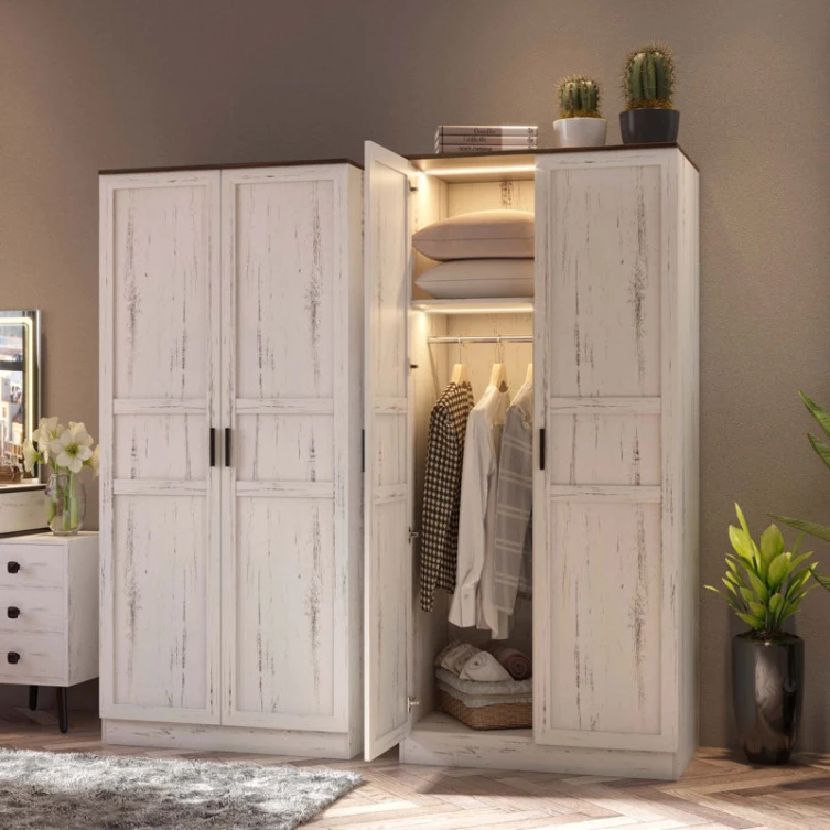 24 Years Factory Direct European Style Antique White Farmhouse LED Wardrobe Closet with Two Doors