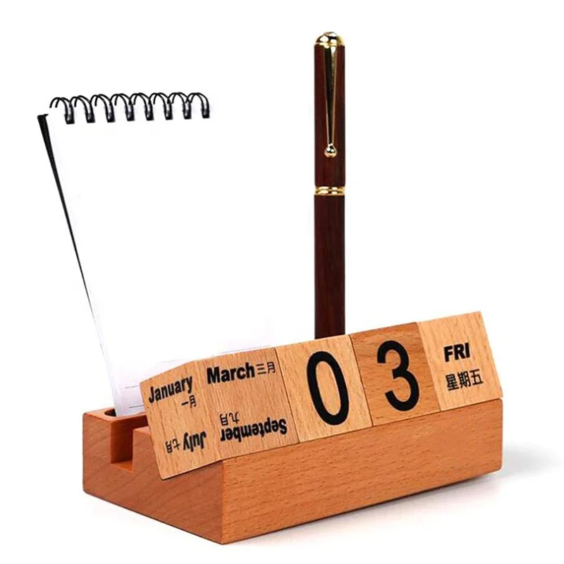 Hot Sale Exquisite Popular Wooden Desktop Calendar with Pen Holder Wooden Calendar