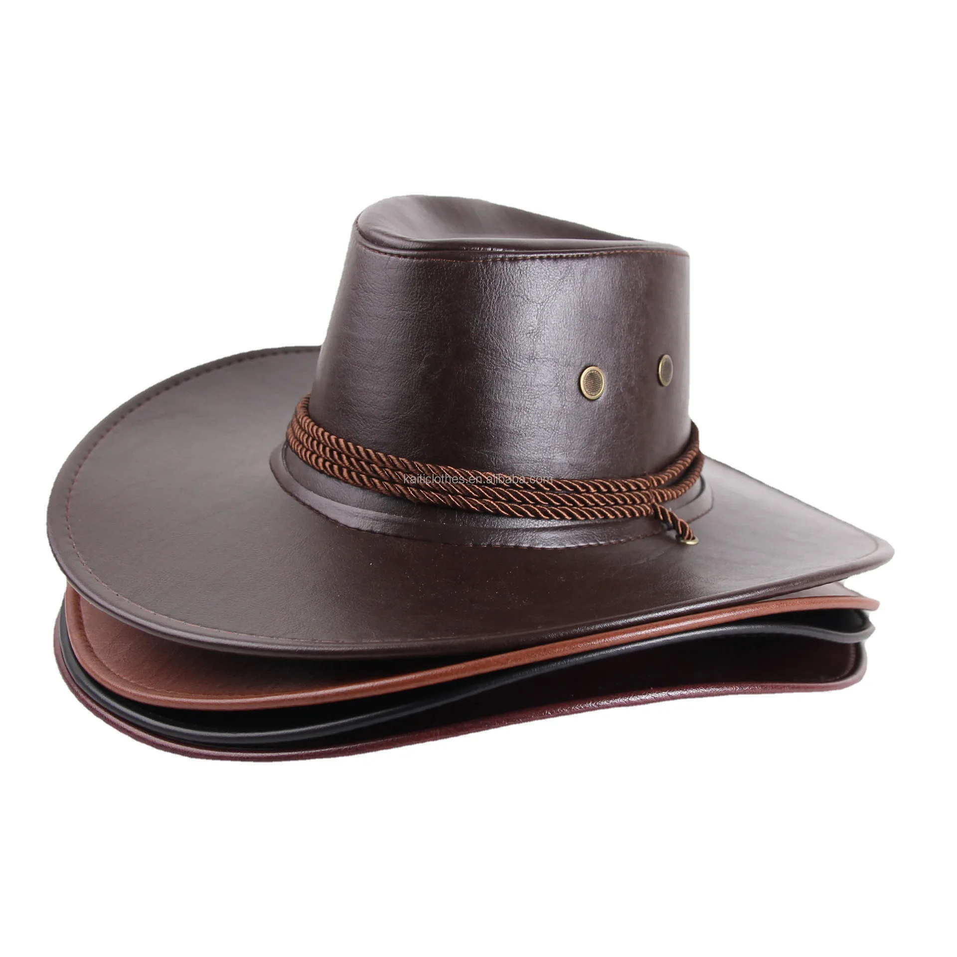 Leather cowboy hats western cowboy hat European and American imitation leather big brim sun hat outdoor mountaineering fishing