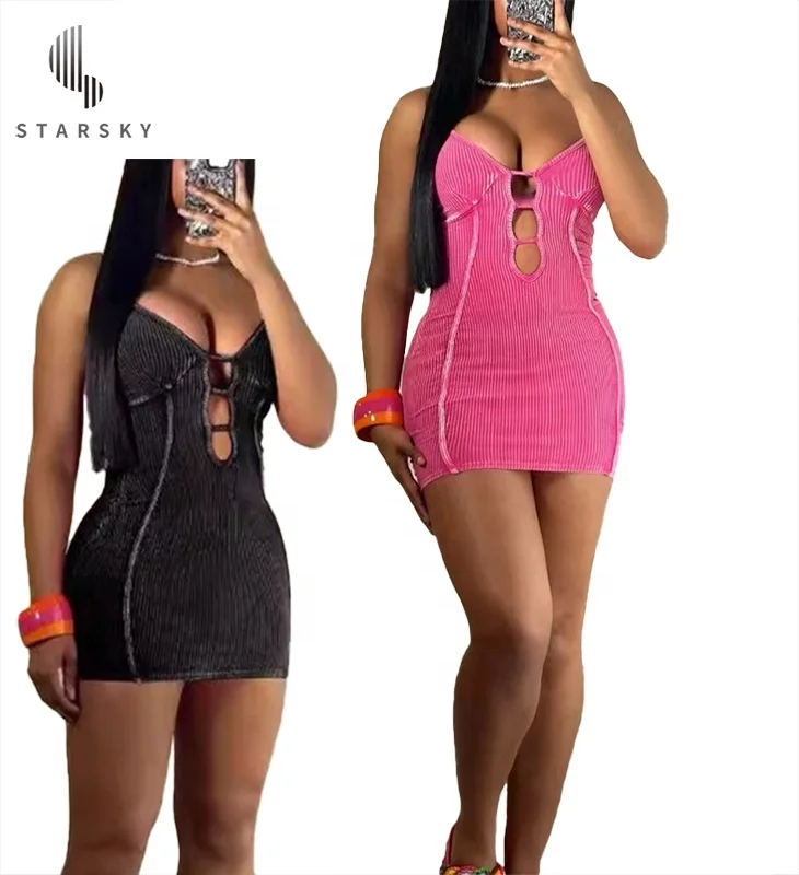 2024 New Summer Women Fashion Washed Snail Suspender Sexy Slim Fit Hollow Stripe Dress