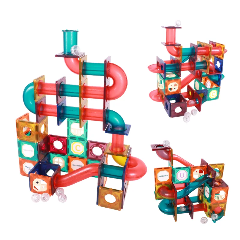 DIY Balls Building Running Roller Coaster Magnetic Maze Race Set Marble Run Tiles