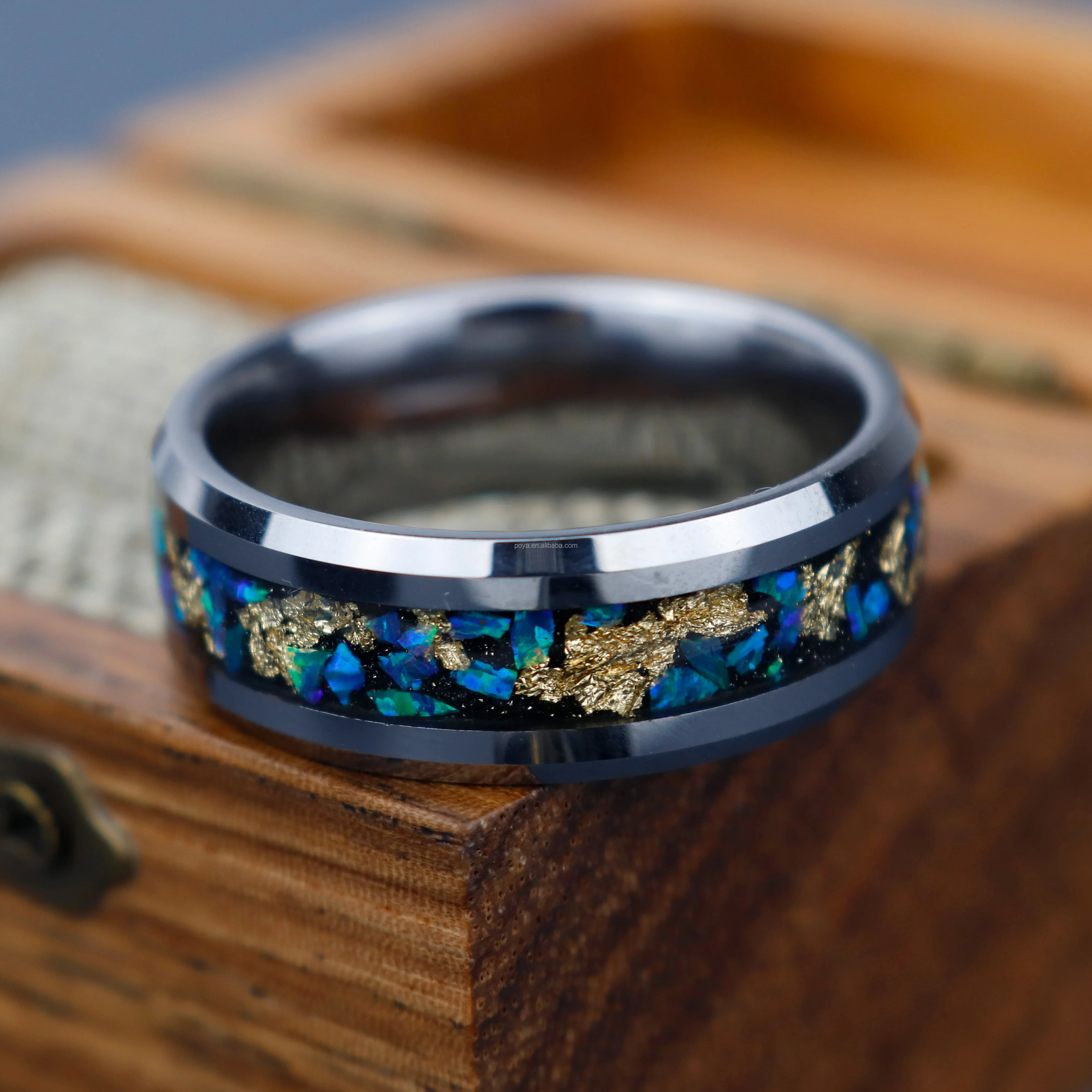 Poya Jewelry Fashion Polished Gold Leaf Blue Opal Sand Stone Men Wedding Ring Inlay Silver Color Tungsten Rings