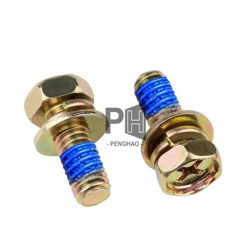 Colored Zinc Cross Hex Head  M3 M4 Adhesive Anti-Loose Three-Combination Screws with Flat and Spring Washer Nylon Blue Patch