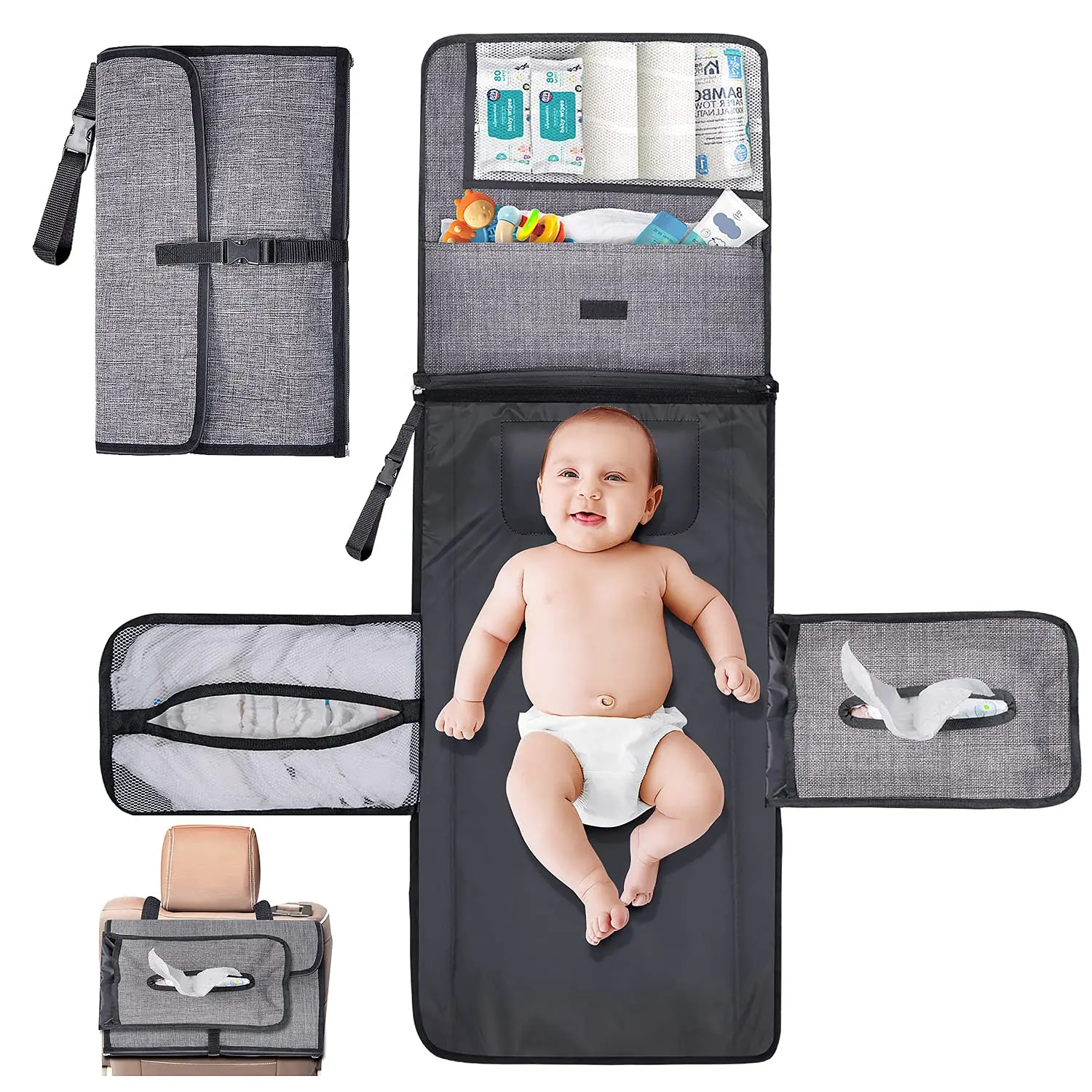
Waterproof Baby Travel Diaper Changing Mat Station with Head Cushion Travel Diaper Change Pad 