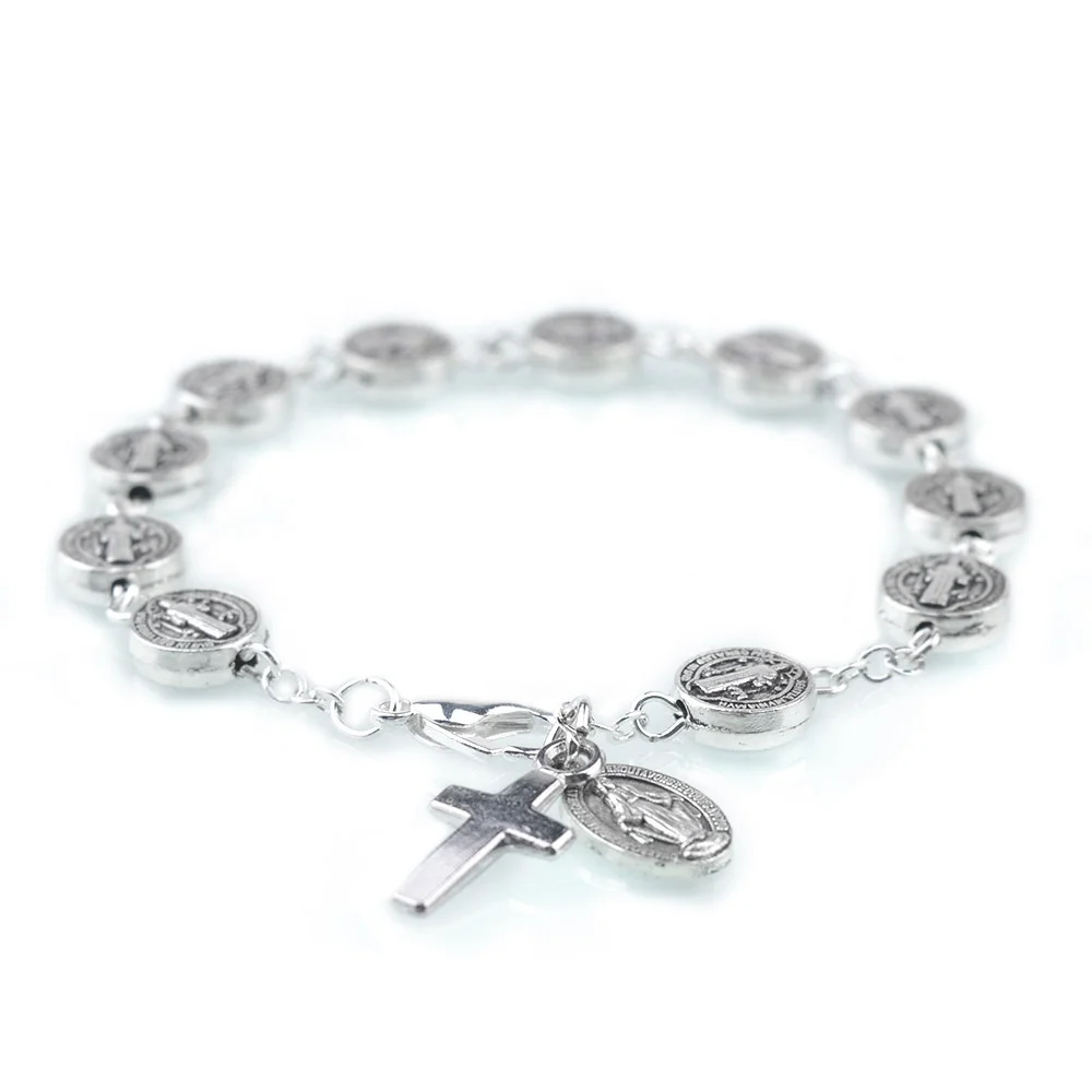 Classic San Benito Rosary Bracelet Religious Silver Alloy Metal Saint Benedict Beads Miraculous Catholic Gift Idea Elegant