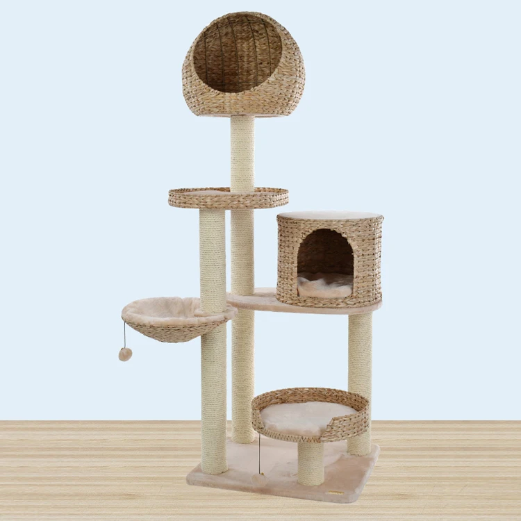 Natural Handmade Rattan Cute Cat Tree Tower Platform Climbing Shelf Cat Tree