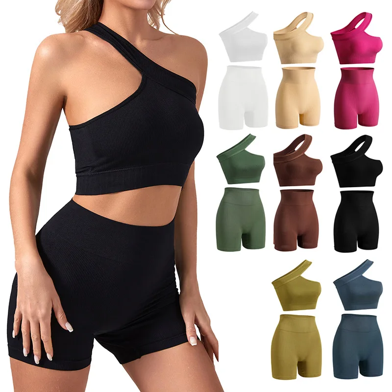 Wholesale Seamless One Shoulder High Impact Sports Bra And Yoga Shorts  2 Pieces Shapewear Sets For Women