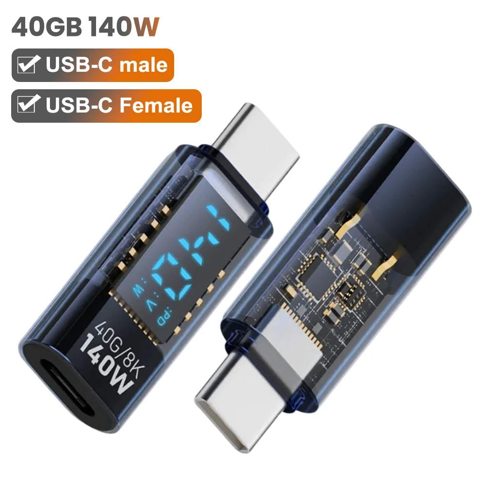 USB C Adapter LED Wattage Display 140W 40Gbps 8K USB C Extension PD3.1 Type C Connector for iPhone MacBook Thunderbot Charging