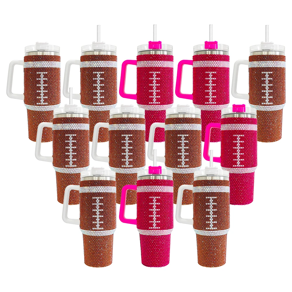 USA warehouse wholesale bulk 40oz football pattern bling tumbler with handle Gifts for Ballpark Sports Men Wome Team Boys Fans