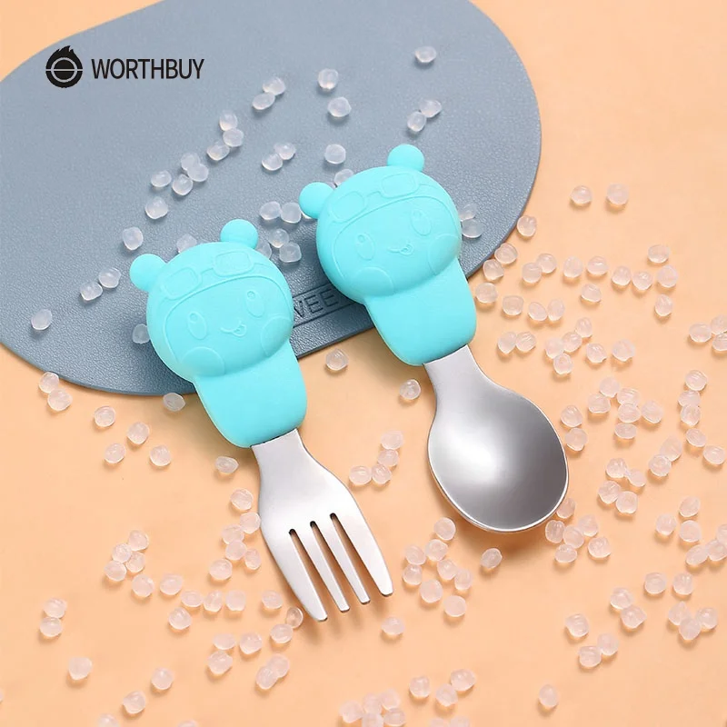WORTHBUY Carton Pilot Tableware For Kids 18/8 Stainless Steel Spoon Fork Dinnerware Set With Silicone Handle Kitchen Dinner Set
