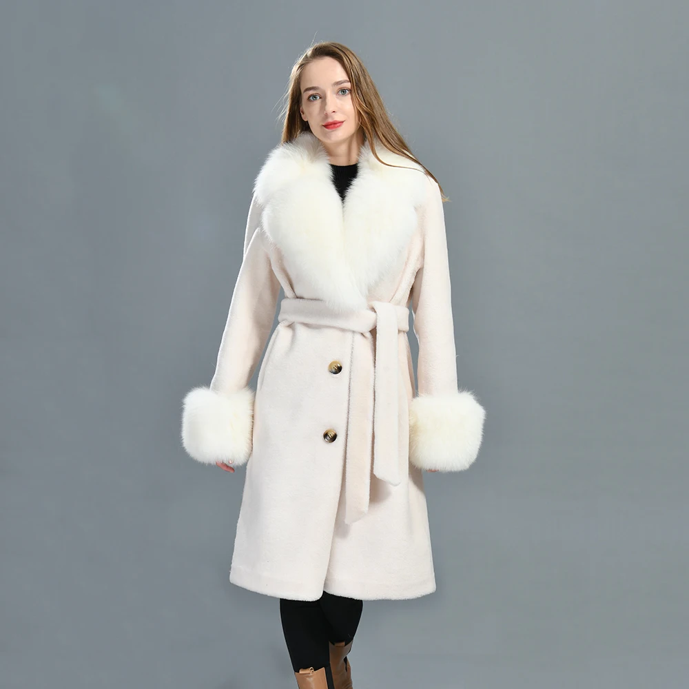 Women Winter Thick Warm Long Khaki Lamb Fur Skin Double Face Leather Coat Customize Long Shearling Coat Women