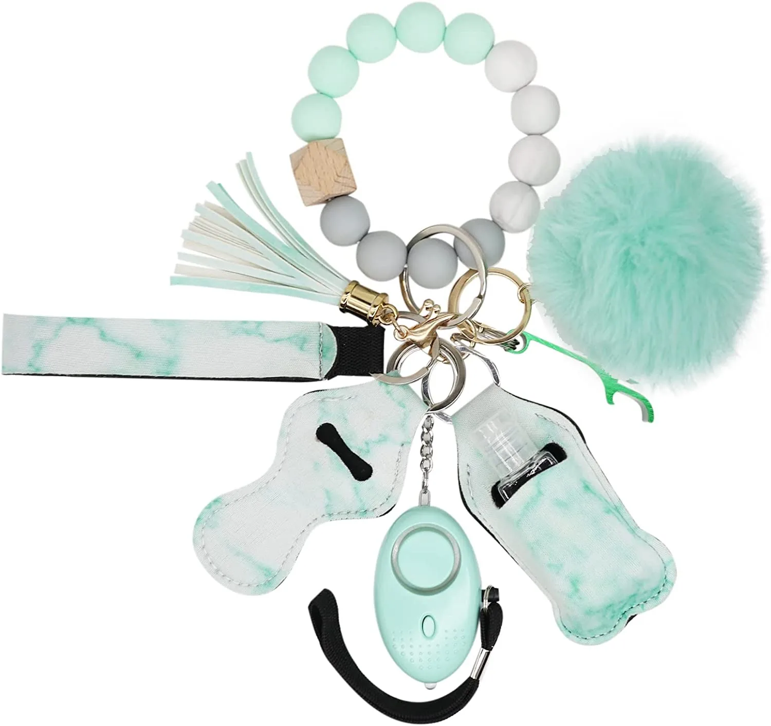 Ladies Self Defense Keychain with Lipgloss Silicone Beaded Bracelet Wristlet Self-Defense Key Chain Set Accessories with Alarm