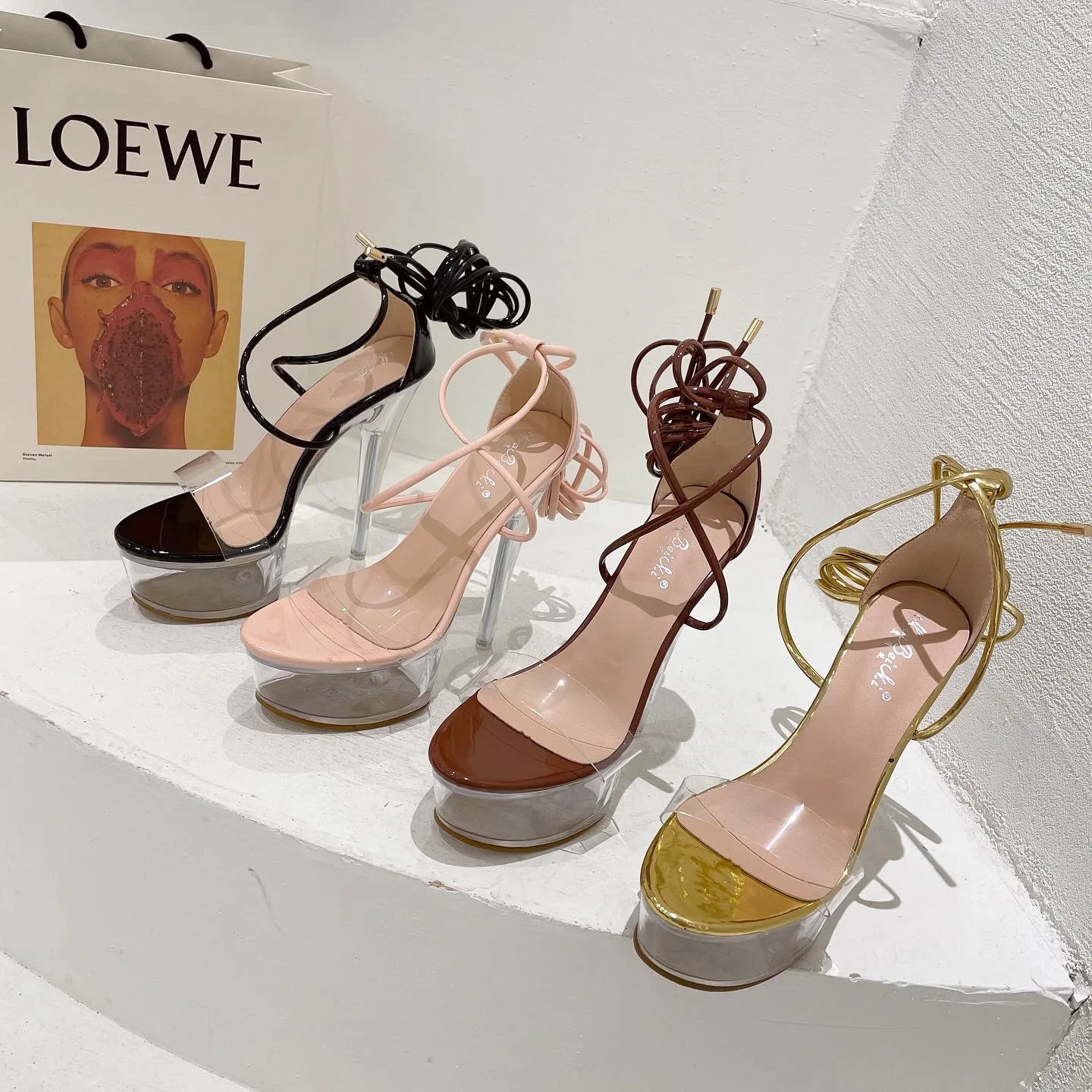 PDEP new arrival transparent lace up design high shoes women heels platform night club clear stripper heels sandals for ladies