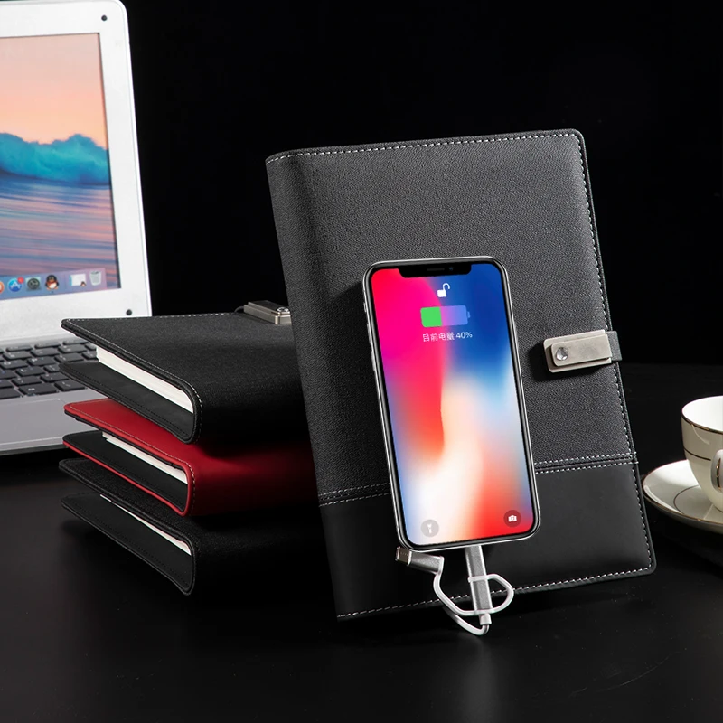 Customized LED Logo Multifunction Business Office Wireless Charger 8000mah Powerbank Notebook Organizer With USB Drive Portfolio