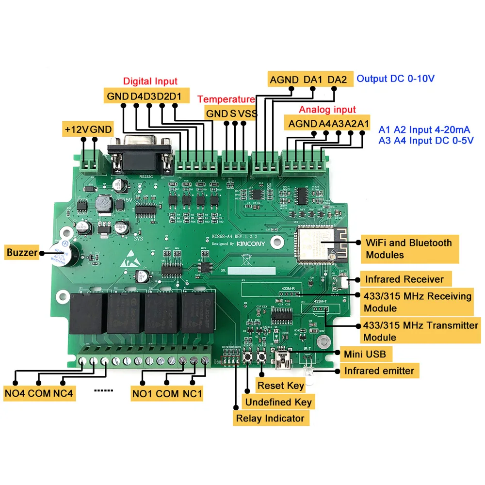 KC868-A4 ESP32 Wifi  RS232 USB Relay Module ADC DAC IR RF 433M Temperature Arduino IDE For Smart Home Automation MQTT