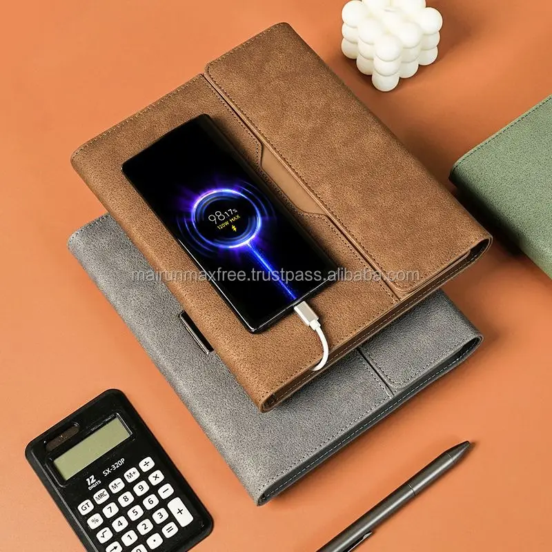 2023 New Product Colorful LED Logo  A5 Planner Notebook Wireless Charging Business Power Bank Notebook