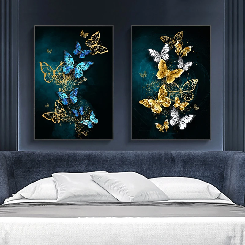 Абстрактная Золотая темно-синяя бабочка роскошное настенное искусство натюрморт Картина на холсте для домашнего декора Декор