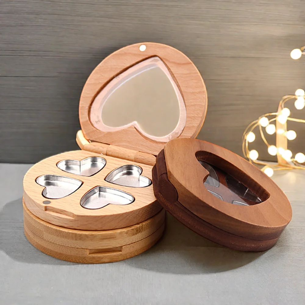 Custom Logo Empty DIY Wooden Bamboo Fashionable Heart Shape Eyeshadow Palette Pan Case for Cosmetics