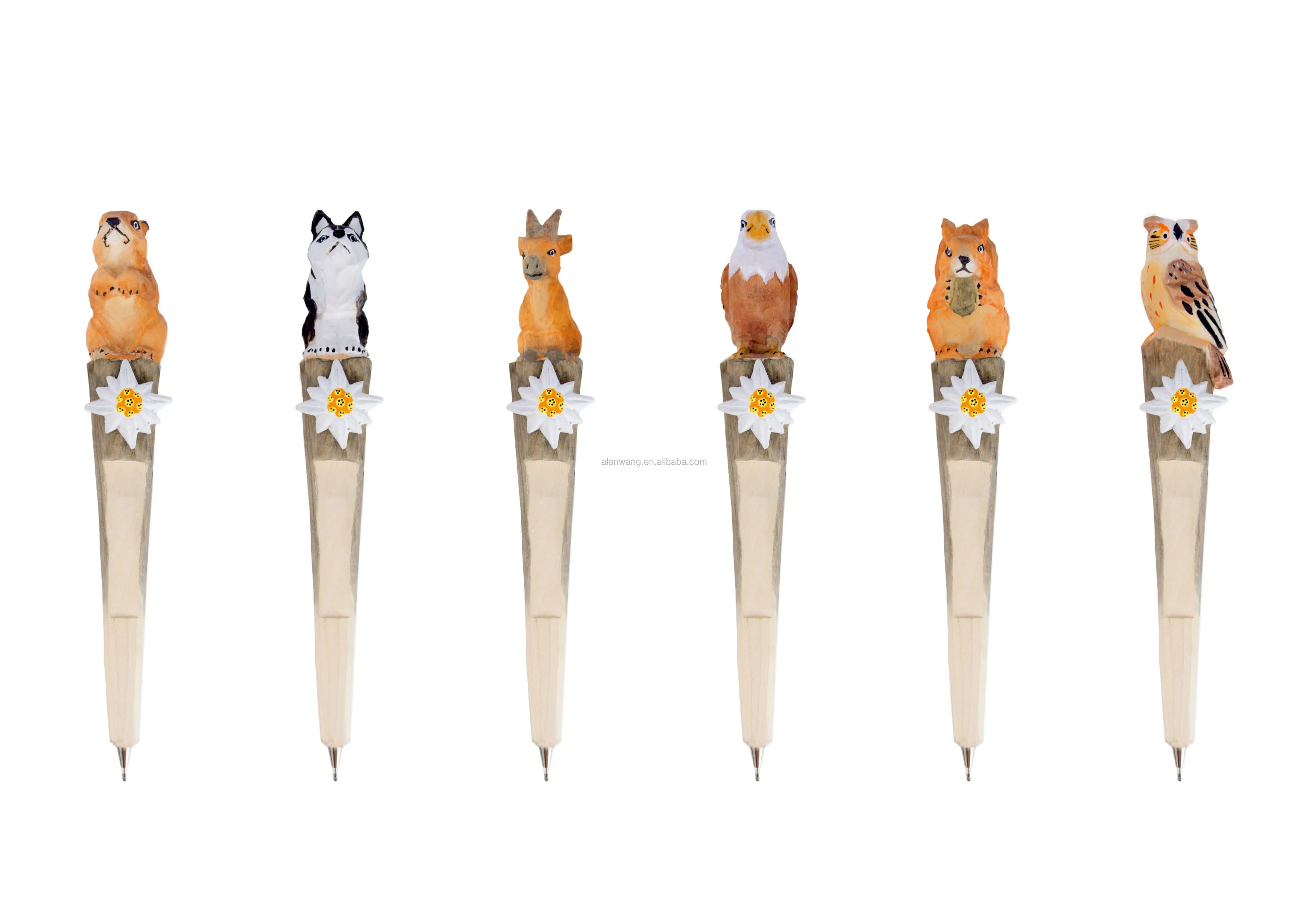 
wooden pen hand made carved animal pen wholesale wood carving handicraft gift creative stationery with flocon and Edelweiss 