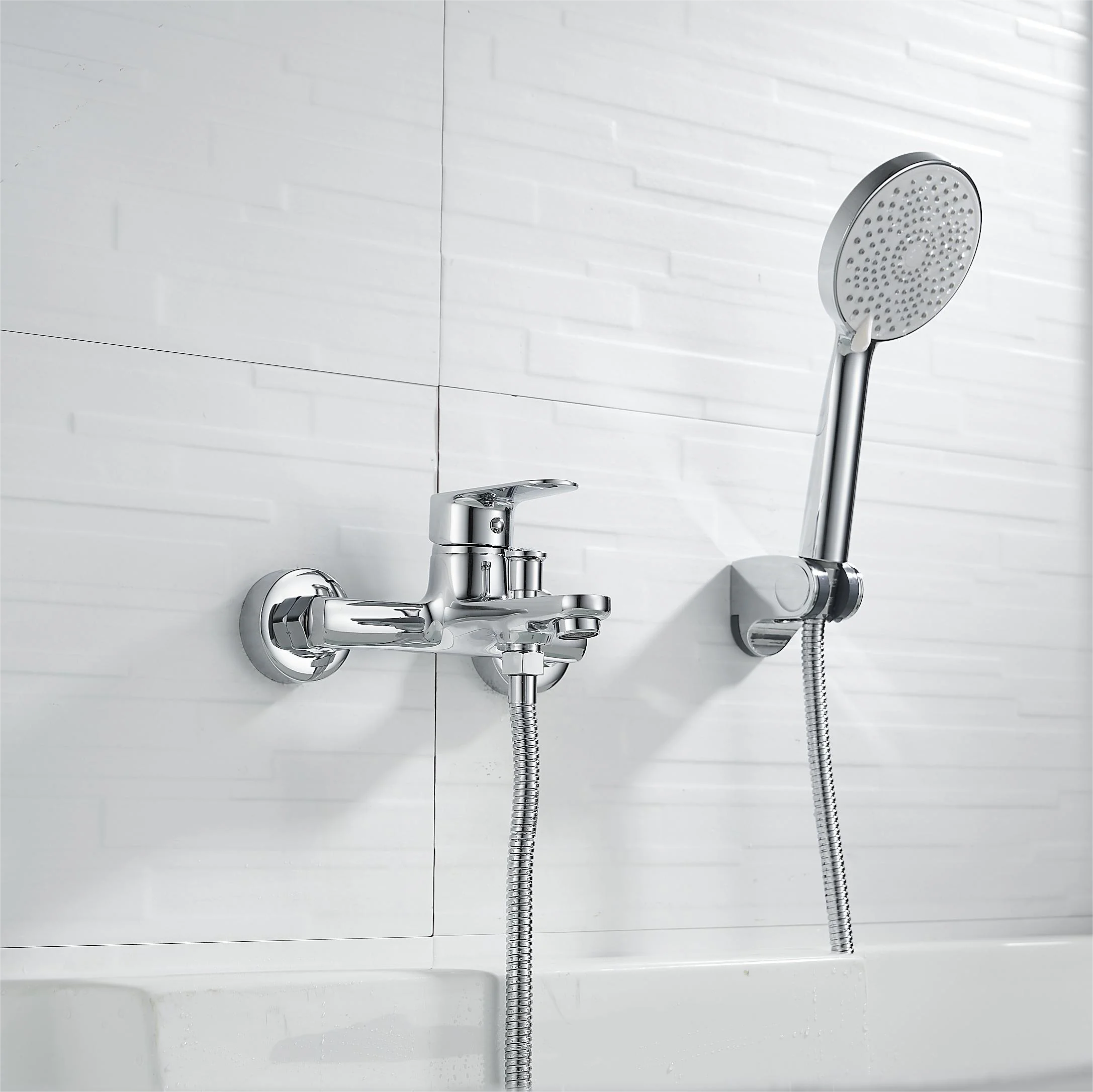 OEM Manufacturer Supply Lavatory Chrome Geometric Brass Faucet Wall Mounted Bath Sanitary Bathroom Bath&Shower Mixer