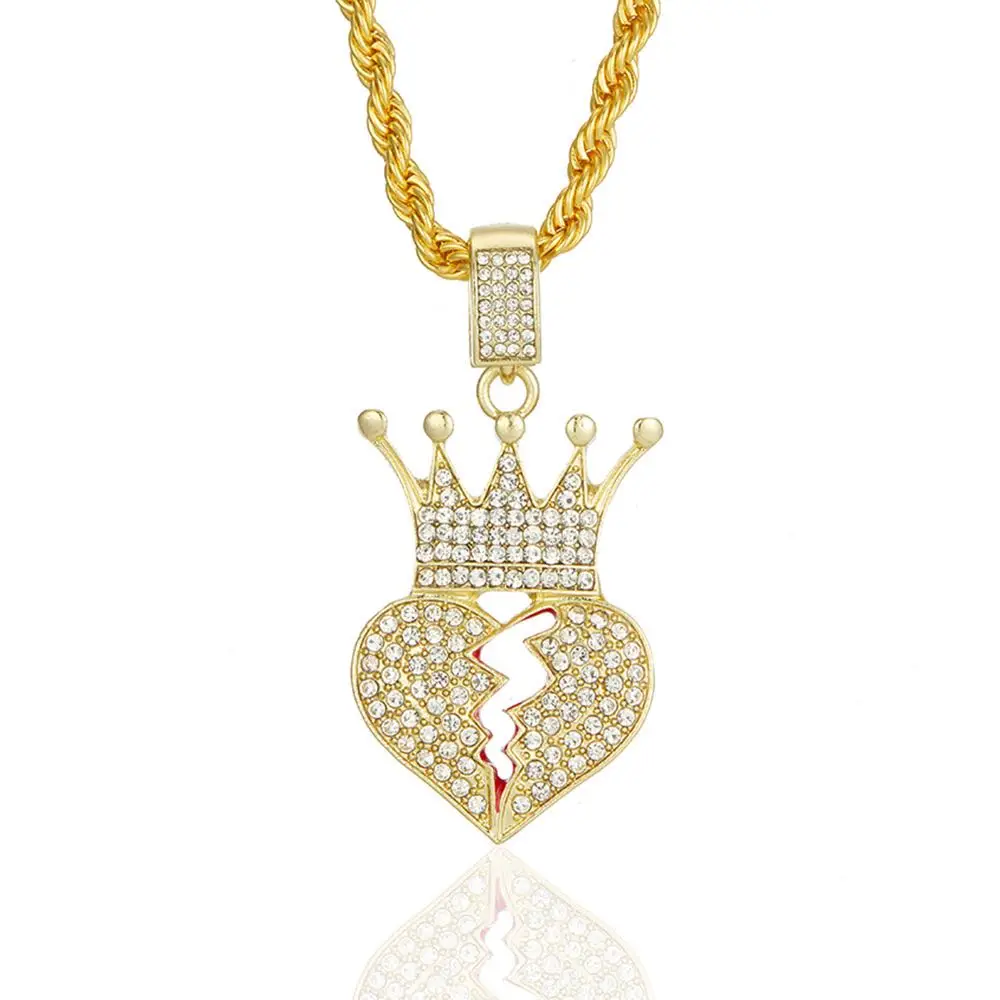 PJ-C501 New Hip Hop Punk Crown Broken Heart Zircon Pendant Lovers Necklace Cuba Chain