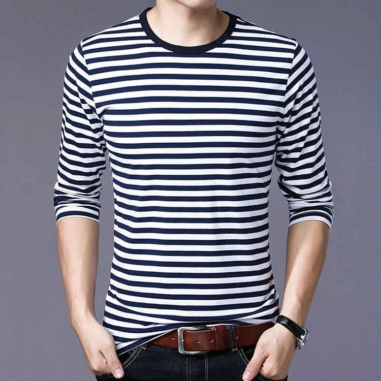 Custom 95% Cotton Spandex blue t-shirt long sleeve tshirt Crew Neck Yarn Dyed 160grams men striped t shirt for boys in bulk