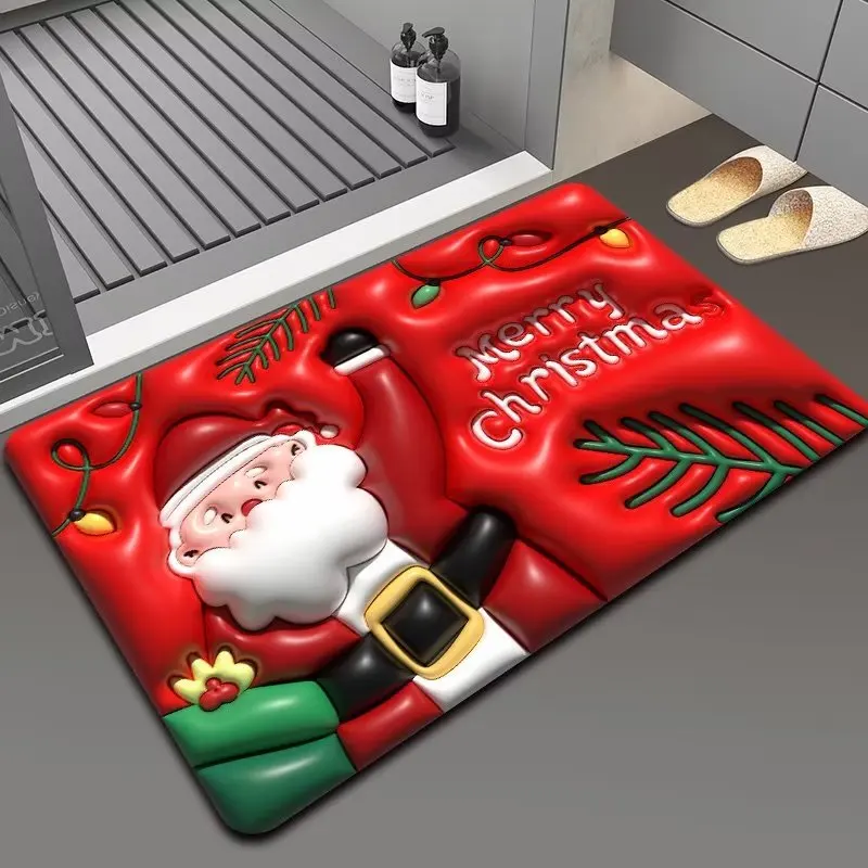 Santa Claus and the Christmas tree Heavy Duty Cute Door Mat For Indoor Entrance Non-slip Christmas Doormat For Home Or Hotel Use
