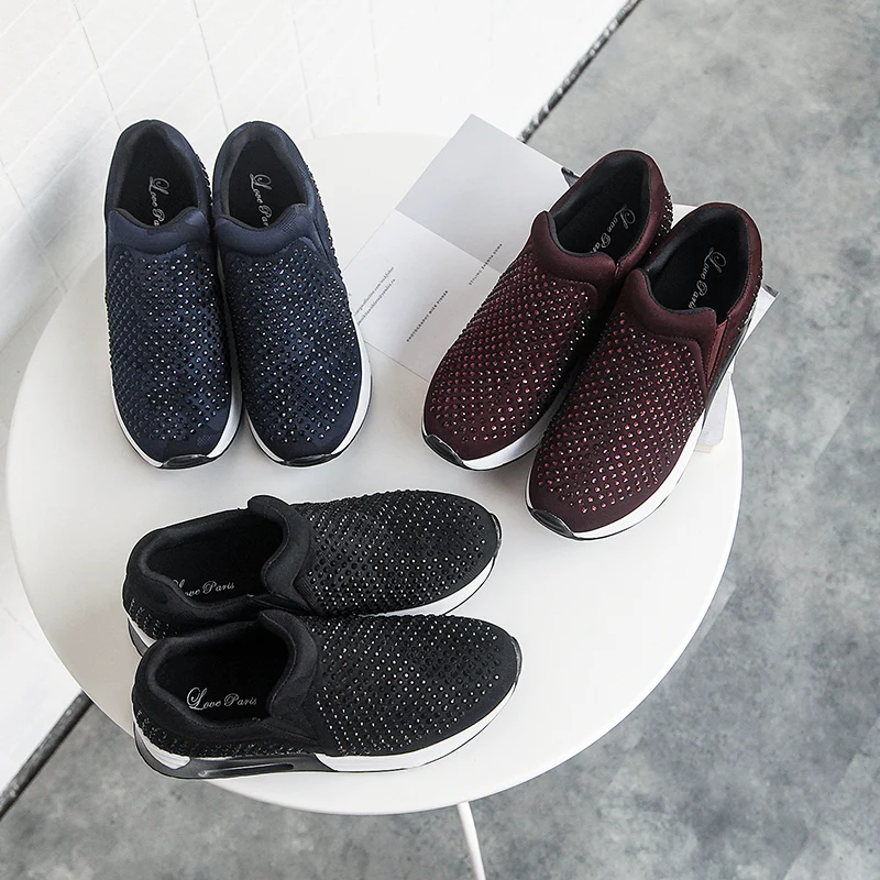 
2020 Wholesale Ladies Fashion Tennis Walking Sneakers Women Casual Slip On Flat Rhinestone Shoes 