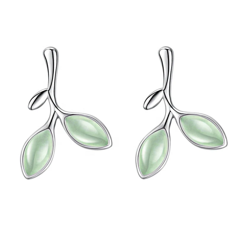 100% 925 Silver Bridal Green Leaf Pendant Necklaces Sets Cat Eye Stone Wedding Jewelry Set Earrings Stud&Bracelet for Women Gift