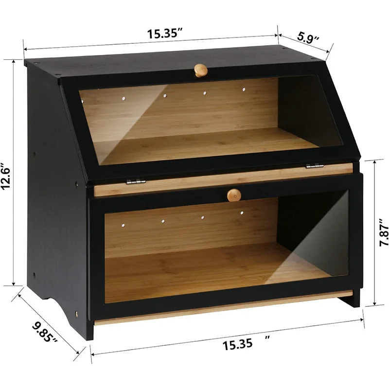 Large Capacity Double Layer Kitchen Storage Boxes Bins Large Bamboo Bread Storage Bin Bread Box for Food