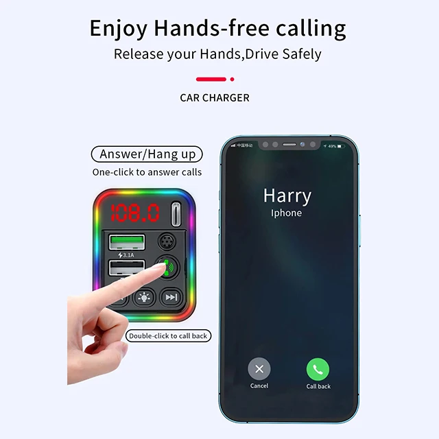 F19 FM Transmitter Quick Charger Dual USB Type C Fast Charging Handsfree Wireless MP3 Player Bluetooth Car Kit