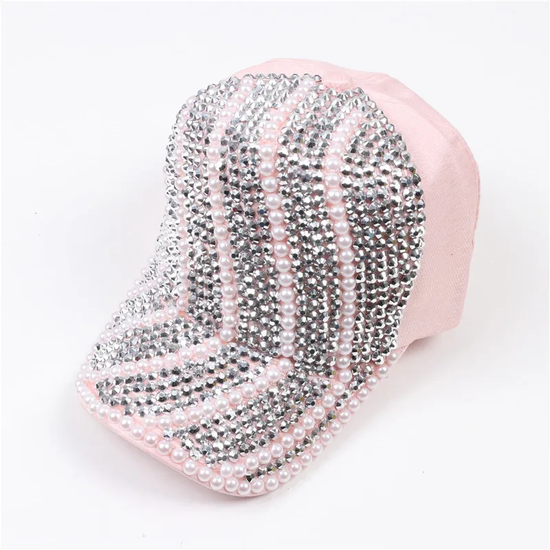 China cheap wholesale custom designer branded luxury diamond rhinestones cotton pink baseball caps