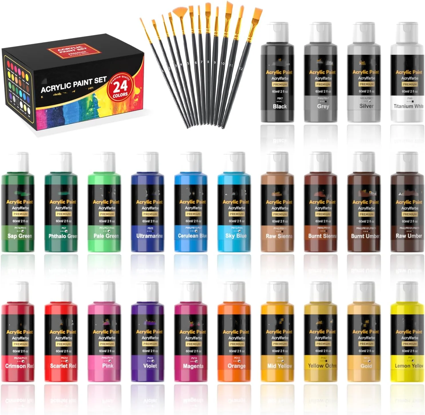 24 Colors 60ml/2oz Non-Toxic Waterproof Strong Coverage for Kids Adults Beginners Students Painting on Ceramic Acrylic Paint Set