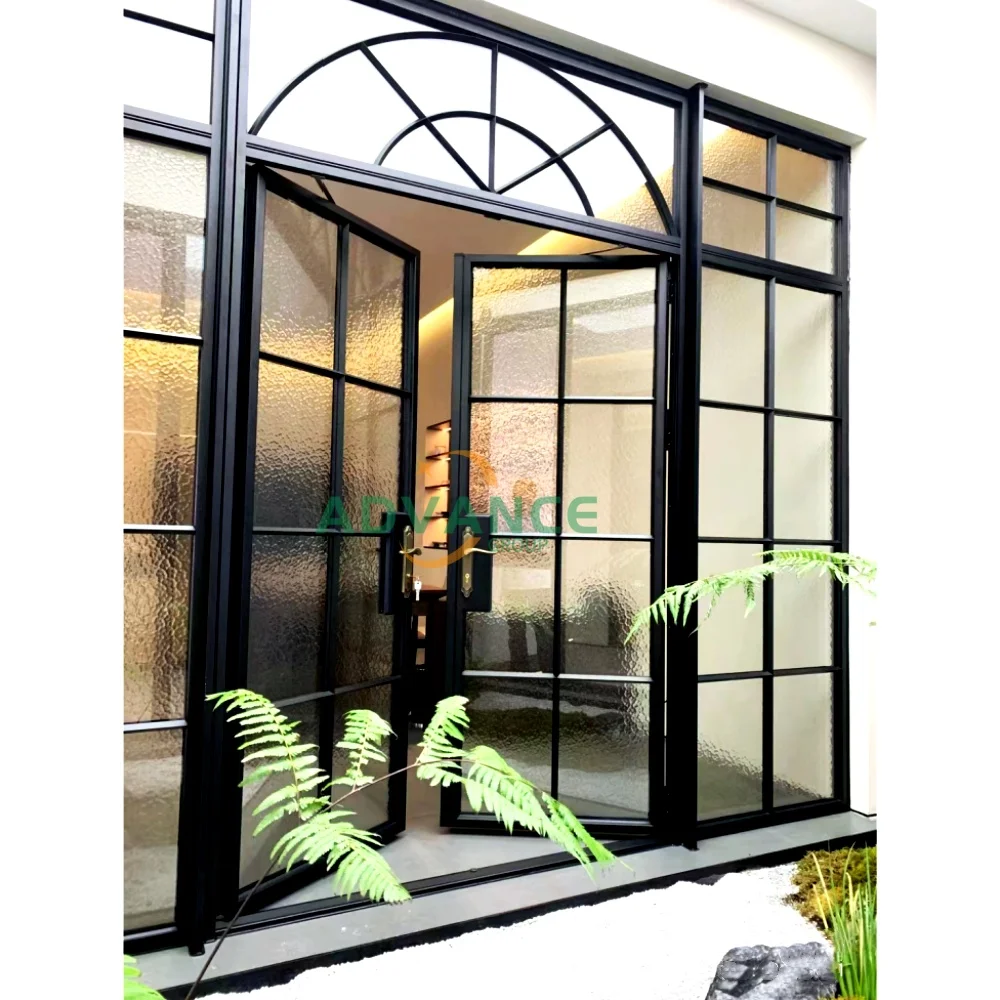 High Quality Exterior Steel Casement matte Black French Door Arch Wrought Glass Door  With grids