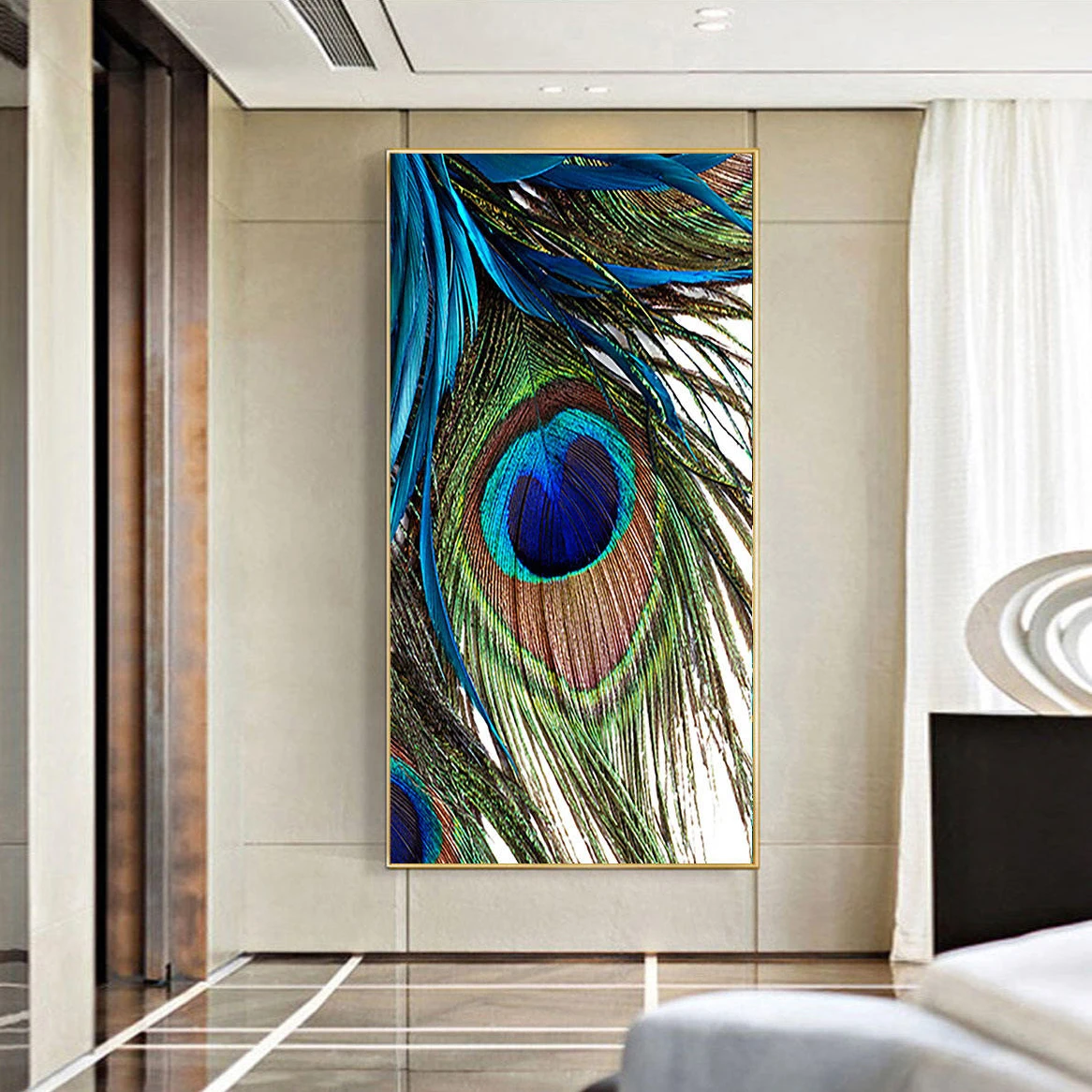 Best price classic peacock in green feather and blue feather frames wall home decoration artwork painting