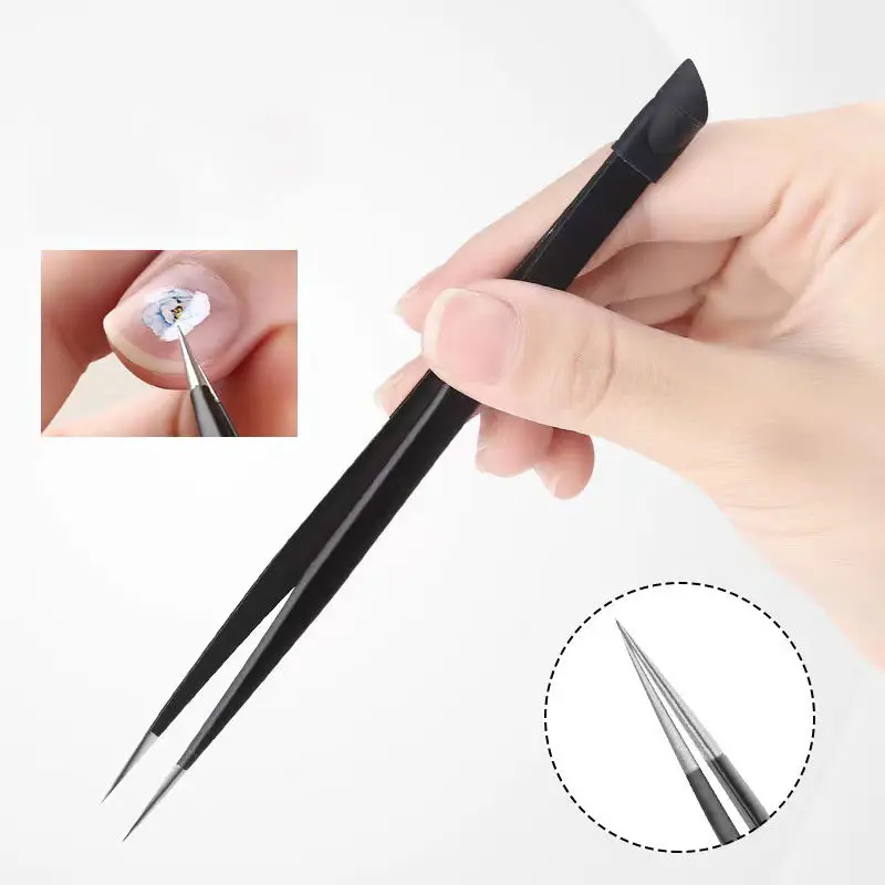 Multifunction Double Head Nail Manicure Tweezers with Silicone Pressing Head for 3D Nail Sticker Picker