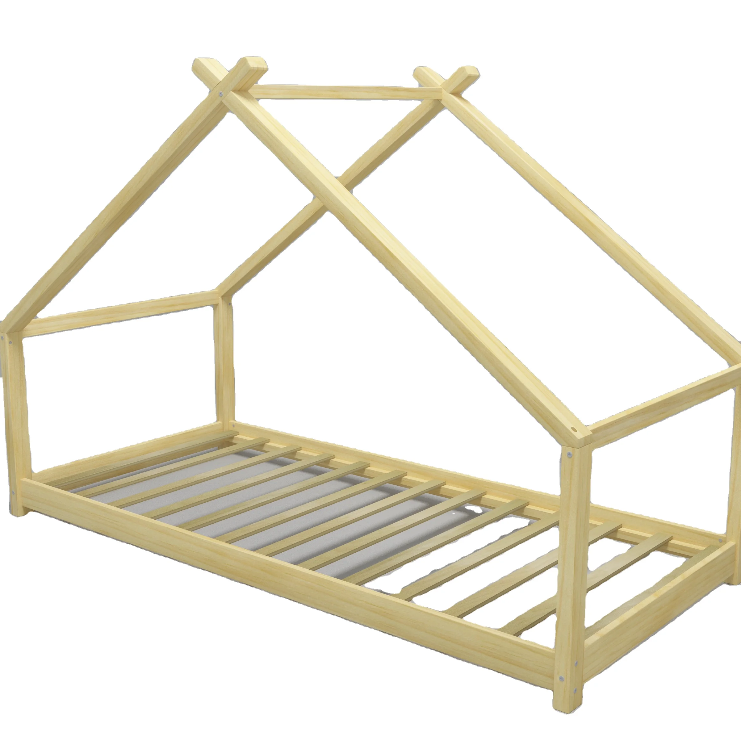 Nashow LMKB-006 Big Cotton Kids House Bed Frame Natural Wooden Children Tent Bed Montessori Floor Bed