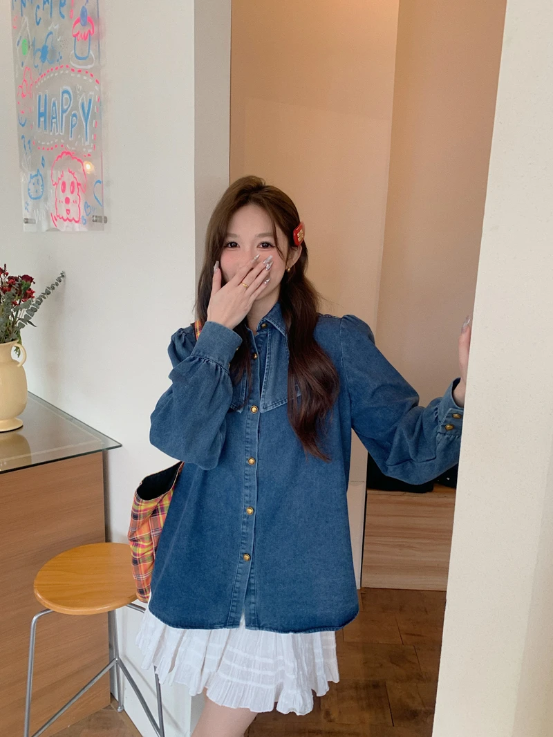 Autumn Winter Denim Women Shirts Bows Sweet Solid Korean Fashion Basics Blouses Elegant Casual Loose Blouse Mujer