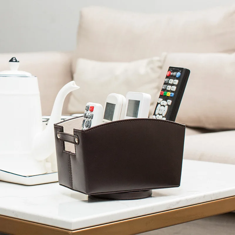 Custom Black PU Leather Desktop Organizer 360 Degrees Rotatable Hotel Home TV Remote Control Holder for Sundries Storage