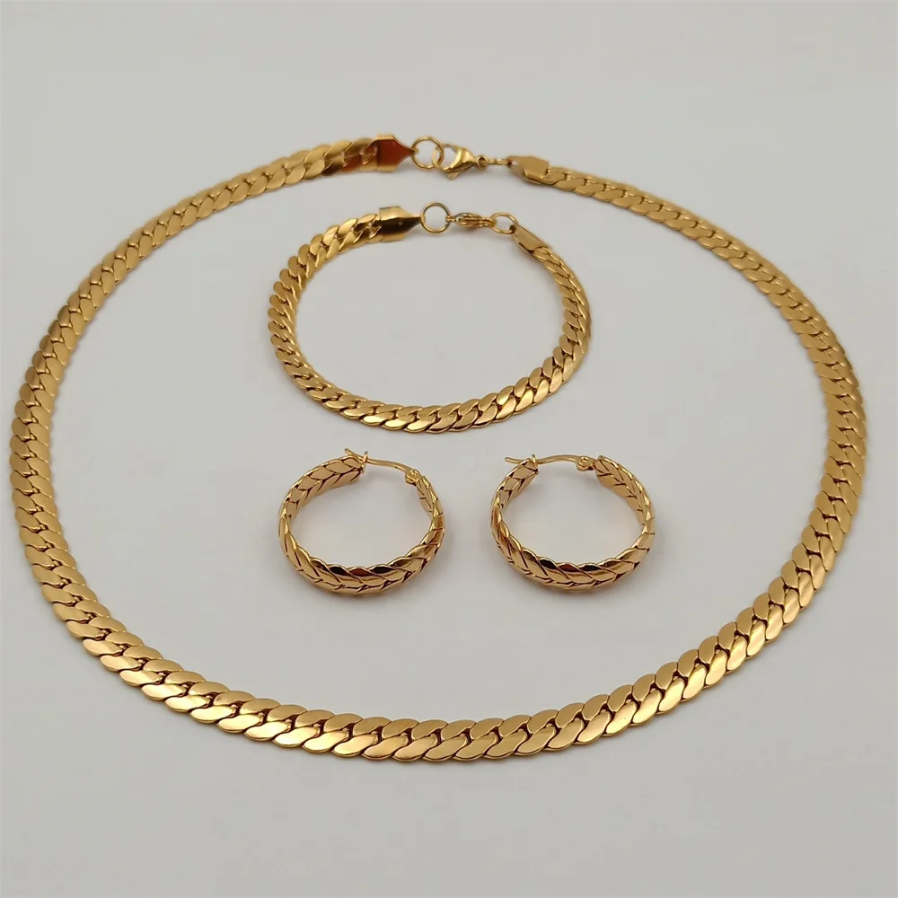 3 Piece Fashion Jewelry Sets 18K Gold Plated Stainless Steel Hip hop Thick Flat NK Chain Necklace Bracelet Earrings Sets Women