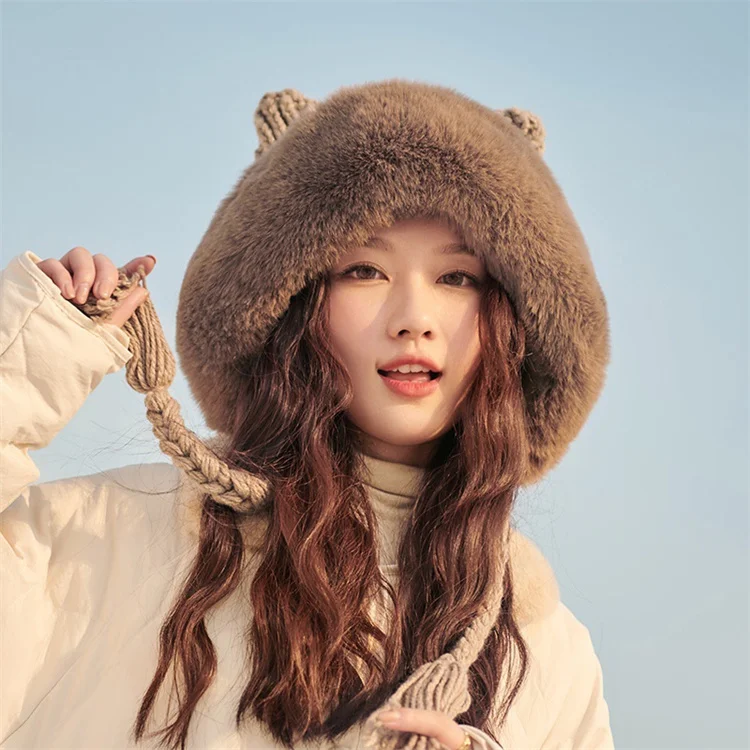 2023 Winter Warm Fur Knitted Hat Lady Outdoor Thicken Plush Fluffy Cap With Cat Ears Russian Hats for Women Girls Beanie Cap