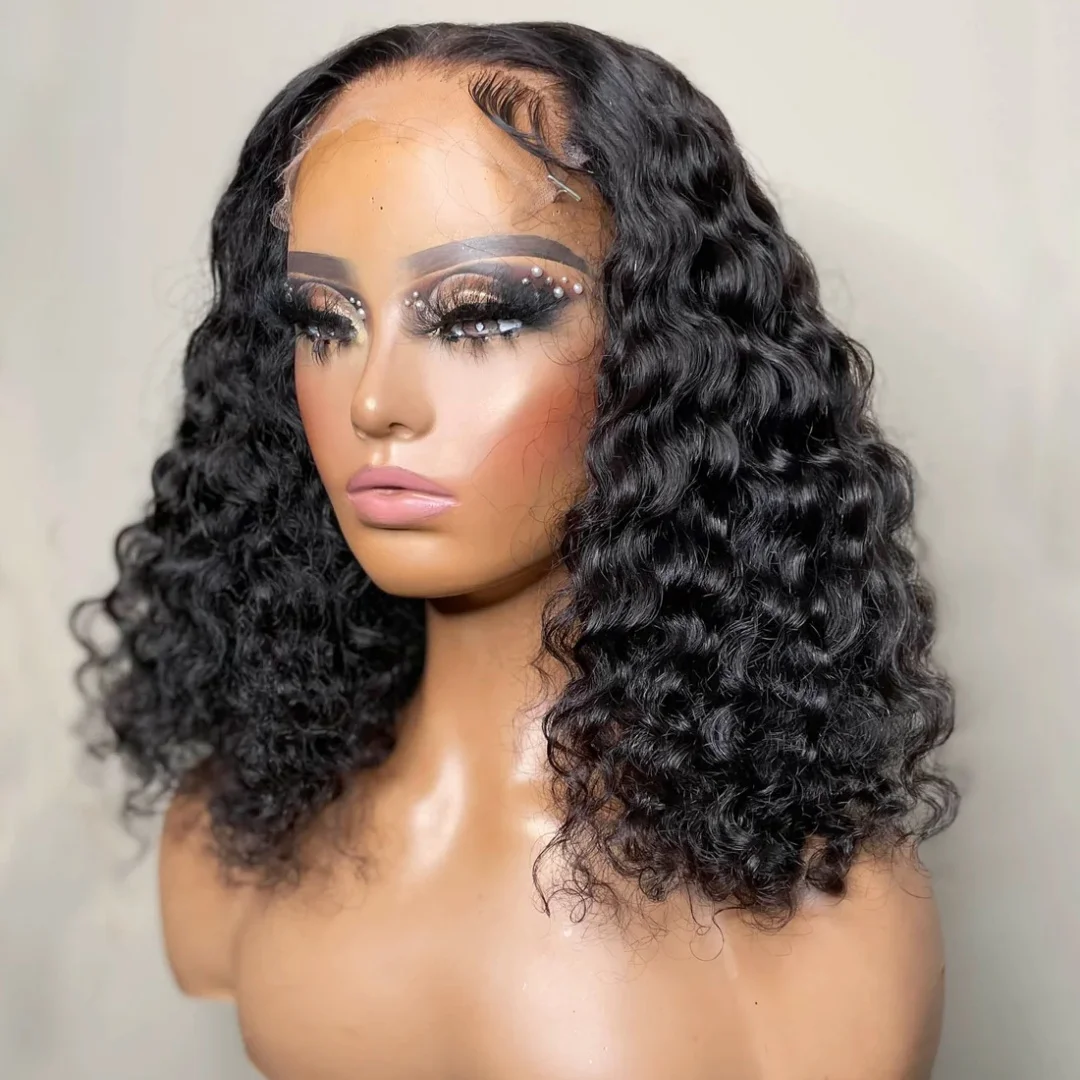 Wholesale Natural Black 100% Raw Human Hair Extensions 5 by 5 Transparent Lace Vietnamese Burmese Curly Bob Wig 200% Density