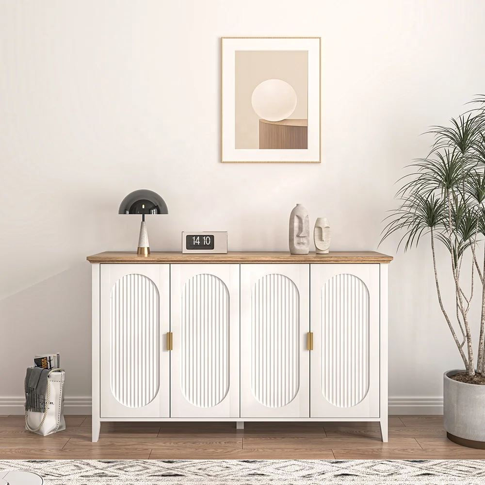 Fluted Panel Dining Living Room Coffee bar Cabinet Furniture 4 Door Wooden Kitchen Buffet Sideboard