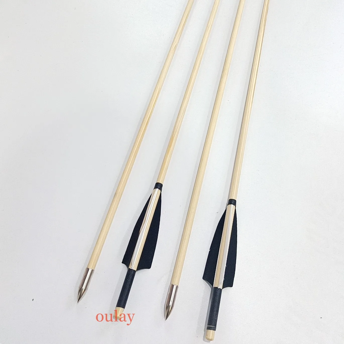 hunting wood arrows handmade wooden arrow shafts white and black plain feathers silver arrow tips archery traditional  hunting