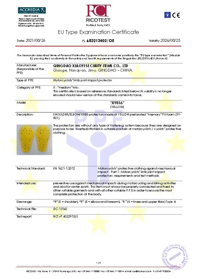 Professional Adult Protective Vest with Thin Yellow XY Type Motorcycle Shoulder Elbow Knee Pads CE Level 2 Approved Soft Type