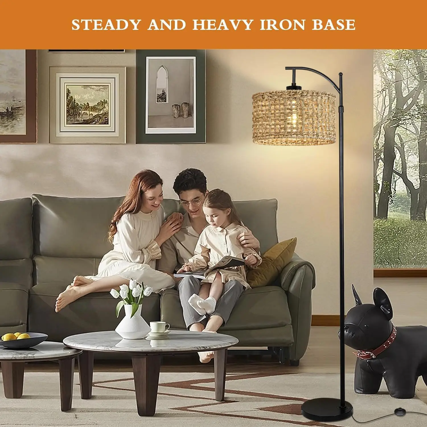 Boho Rattan Arc Standing Lamp With Remote Adjustable Industrial Floor Lamps Bohemian Decor for Living Room
