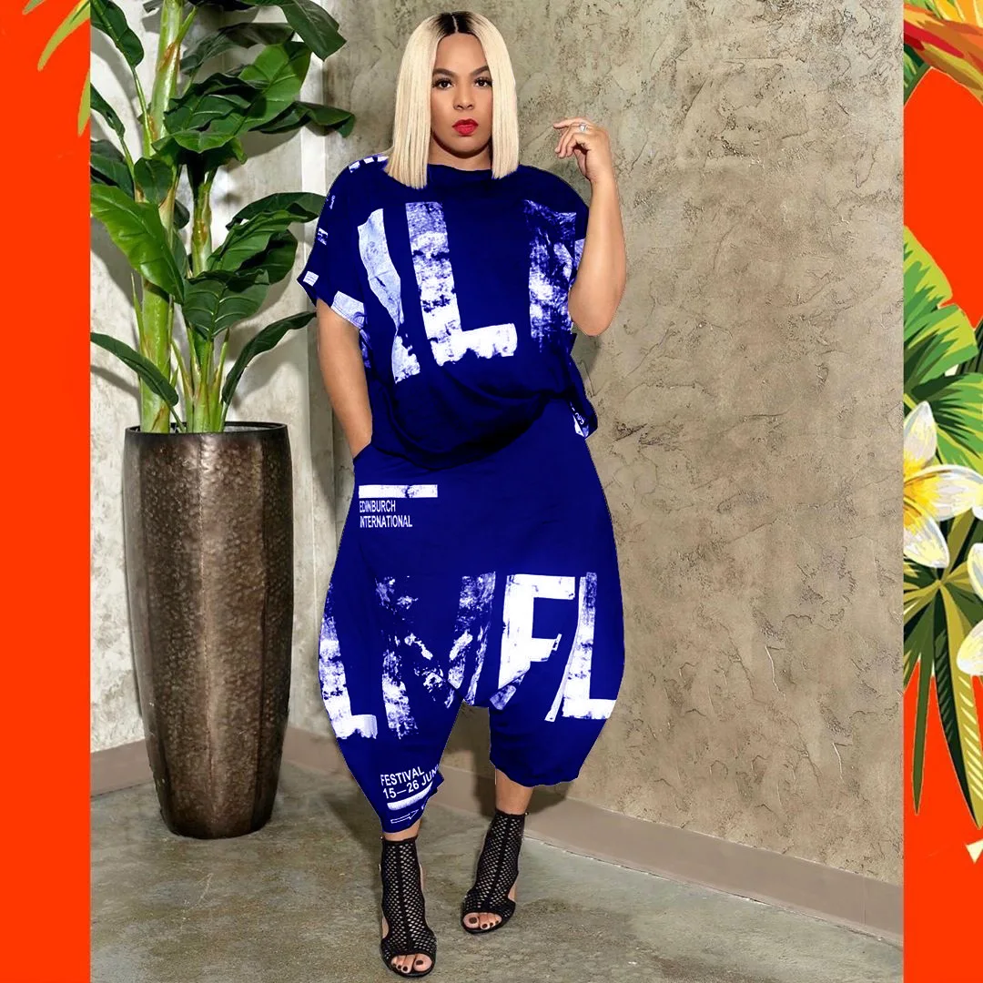 Fashion Clothes 2021 Women Letter Print Two Pieces Short Sleeve Harem Pants Set Plus Size Clothing
